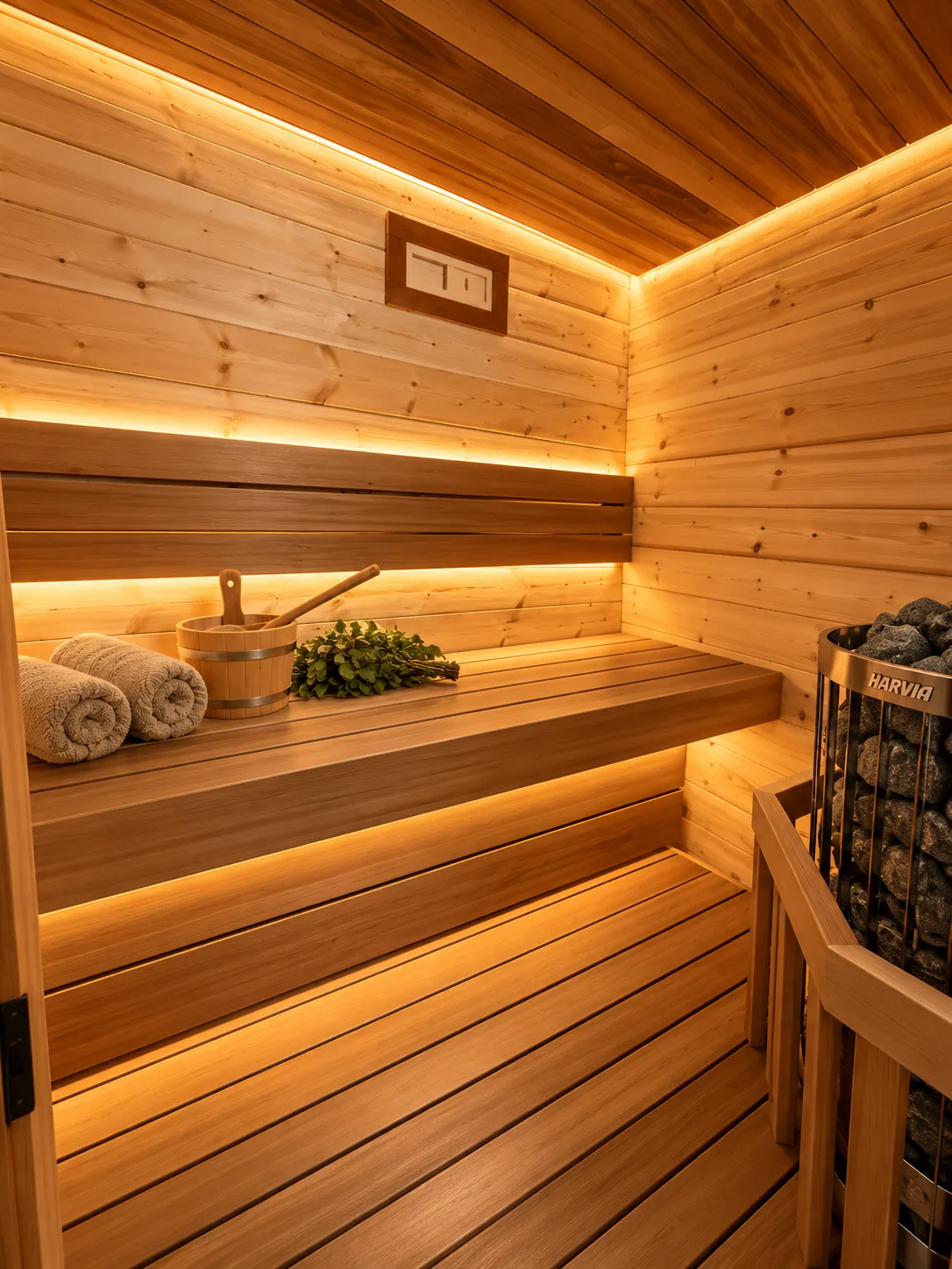 The wood-lined sauna on the ground floor